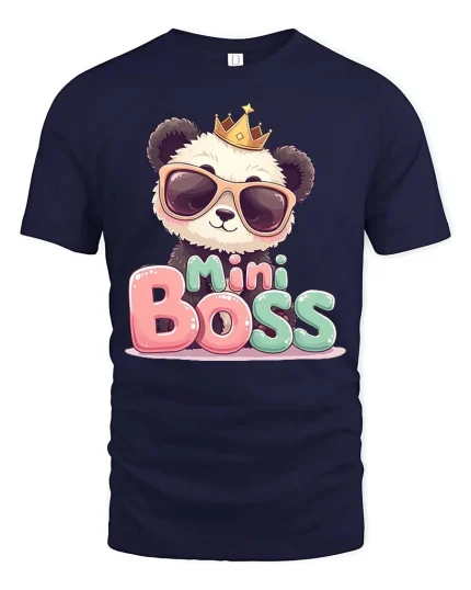 Mini Boss Panda Cute Leader Funny Cartoon Graphic Tshirt - navy t-shirt on white background