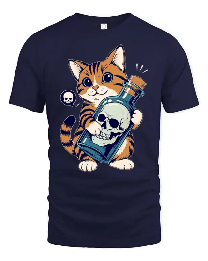 Cute Mischief Cat Skull Potion Gothic Funny Graphic Tshirt - navy t-shirt on white background