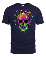 Psychedelic Neon Skull Mushroom Trippy Graphic Art Tshirt - navy t-shirt on white background