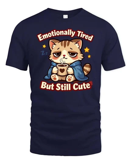 Emotionally Tired But Still Cute Funny Cat Coffee Graphic Tshirt - navy t-shirt on white background