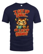 Funny Grumpy Cat Coffee I Get Up Early Humor Graphic Tshirt - navy t-shirt on white background