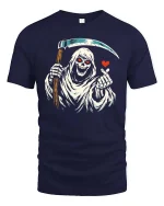 Funny Grim Reaper Love Finger Gothic Humor Graphic Tshirt - navy t-shirt on white background