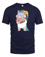 Funny Dizzy Unicorn Cartoon Cute Kawaii Humor Graphic Tshirt - navy t-shirt on white background