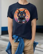 Cosmic Neon Black Cat Bubble Galaxy Graphic Art Tshirt - model wearing navy tee with hands in pockets