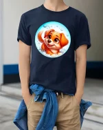 Cute Puppy Bubble Bath Cartoon Adorable Dog Graphic Tshirt - model wearing navy tee with hands in pockets