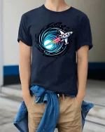 Rocket Into Black Hole Space Travel Sci Fi Graphic Tshirt - model wearing navy tee with hands in pockets