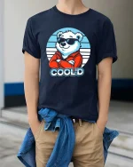 Cool Bear Sunglasses Retro Style Funny Animal Graphic Tshirt - model wearing navy tee with hands in pockets