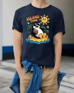 Island Time Penguin Summer Vacation Funny Graphic Tshirt - model wearing navy tee with hands in pockets