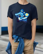 Cute Starry Night Kawaii Art Happy Star Graphic Tshirt - model wearing navy tee with hands in pockets