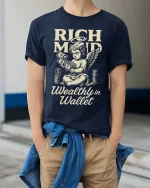 Rich Mind Wealthy Wallet Vintage Money Angel Graphic Tshirt - model wearing navy tee with hands in pockets