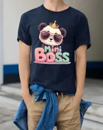Mini Boss Panda Cute Leader Funny Cartoon Graphic Tshirt - model wearing navy tee with hands in pockets