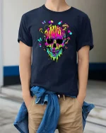 Psychedelic Neon Skull Mushroom Trippy Graphic Art Tshirt - model wearing navy tee with hands in pockets
