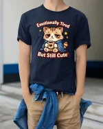 Emotionally Tired But Still Cute Funny Cat Coffee Graphic Tshirt - model wearing navy tee with hands in pockets
