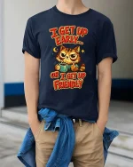 Funny Grumpy Cat Coffee I Get Up Early Humor Graphic Tshirt - model wearing navy tee with hands in pockets