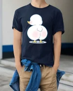 Funny Cute Duck Butt Cartoon Humor Graphic Animal Tshirt - model wearing navy tee with hands in pockets