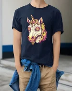 Trippy Unicorn Head Psychedelic Fantasy Graphic Art Tshirt - model wearing navy tee with hands in pockets