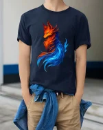 Fire Ice Fox Elemental Fantasy Colorful Graphic Art Tshirt - model wearing navy tee with hands in pockets