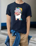 Funny Dizzy Unicorn Cartoon Cute Kawaii Humor Graphic Tshirt - model wearing navy tee with hands in pockets