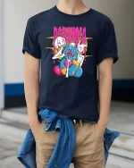 Paranoia Creepy Doll Mask Horror Dark Humor Graphic Tshirt - model wearing navy tee with hands in pockets