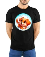 Cute Puppy Bubble Bath Cartoon Adorable Dog Graphic Tshirt - model wearing black tee with hands behind back