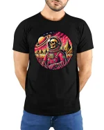 Retro Space Skull Astronaut Cosmic Galaxy Graphic Art Tshirt - model wearing black tee with hands behind back