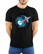 Rocket Into Black Hole Space Travel Sci Fi Graphic Tshirt - model wearing black tee with hands behind back