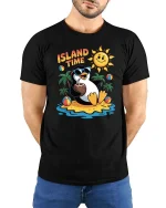 Island Time Penguin Summer Vacation Funny Graphic Tshirt - model wearing black tee with hands behind back