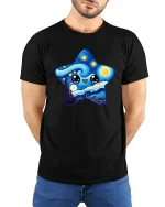 Cute Starry Night Kawaii Art Happy Star Graphic Tshirt - model wearing black tee with hands behind back