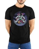 Lazy Astronaut Chill Space Humor Cartoon Graphic Tshirt - model wearing black tee with hands behind back