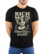 Rich Mind Wealthy Wallet Vintage Money Angel Graphic Tshirt - model wearing black tee with hands behind back