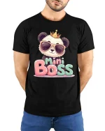 Mini Boss Panda Cute Leader Funny Cartoon Graphic Tshirt - model wearing black tee with hands behind back