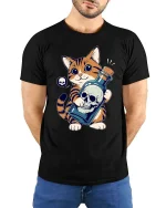 Cute Mischief Cat Skull Potion Gothic Funny Graphic Tshirt - model wearing black tee with hands behind back