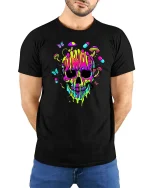 Psychedelic Neon Skull Mushroom Trippy Graphic Art Tshirt - model wearing black tee with hands behind back