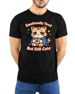 Emotionally Tired But Still Cute Funny Cat Coffee Graphic Tshirt - model wearing black tee with hands behind back
