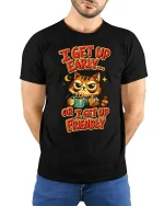 Funny Grumpy Cat Coffee I Get Up Early Humor Graphic Tshirt - model wearing black tee with hands behind back