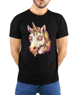Trippy Unicorn Head Psychedelic Fantasy Graphic Art Tshirt - model wearing black tee with hands behind back