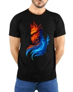 Fire Ice Fox Elemental Fantasy Colorful Graphic Art Tshirt - model wearing black tee with hands behind back