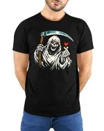Funny Grim Reaper Love Finger Gothic Humor Graphic Tshirt - model wearing black tee with hands behind back