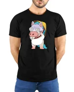 Funny Dizzy Unicorn Cartoon Cute Kawaii Humor Graphic Tshirt - model wearing black tee with hands behind back
