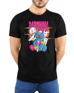 Paranoia Creepy Doll Mask Horror Dark Humor Graphic Tshirt - model wearing black tee with hands behind back