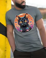 Cosmic Neon Black Cat Bubble Galaxy Graphic Art Tshirt - model wearing grey tee, leaning on column