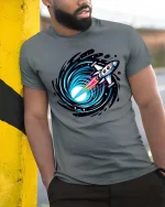 Rocket Into Black Hole Space Travel Sci Fi Graphic Tshirt - model wearing grey tee, leaning on column