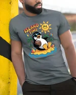 Island Time Penguin Summer Vacation Funny Graphic Tshirt - model wearing grey tee, leaning on column