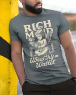 Rich Mind Wealthy Wallet Vintage Money Angel Graphic Tshirt - model wearing grey tee, leaning on column