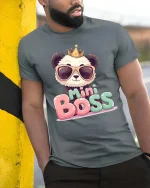 Mini Boss Panda Cute Leader Funny Cartoon Graphic Tshirt - model wearing grey tee, leaning on column