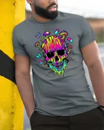 Psychedelic Neon Skull Mushroom Trippy Graphic Art Tshirt - model wearing grey tee, leaning on column
