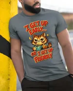 Funny Grumpy Cat Coffee I Get Up Early Humor Graphic Tshirt - model wearing grey tee, leaning on column