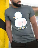 Funny Cute Duck Butt Cartoon Humor Graphic Animal Tshirt - model wearing grey tee, leaning on column