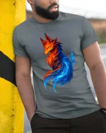Fire Ice Fox Elemental Fantasy Colorful Graphic Art Tshirt - model wearing grey tee, leaning on column