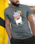 Funny Dizzy Unicorn Cartoon Cute Kawaii Humor Graphic Tshirt - model wearing grey tee, leaning on column